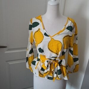 Vibrant Lemon Print V-Neck Blouse